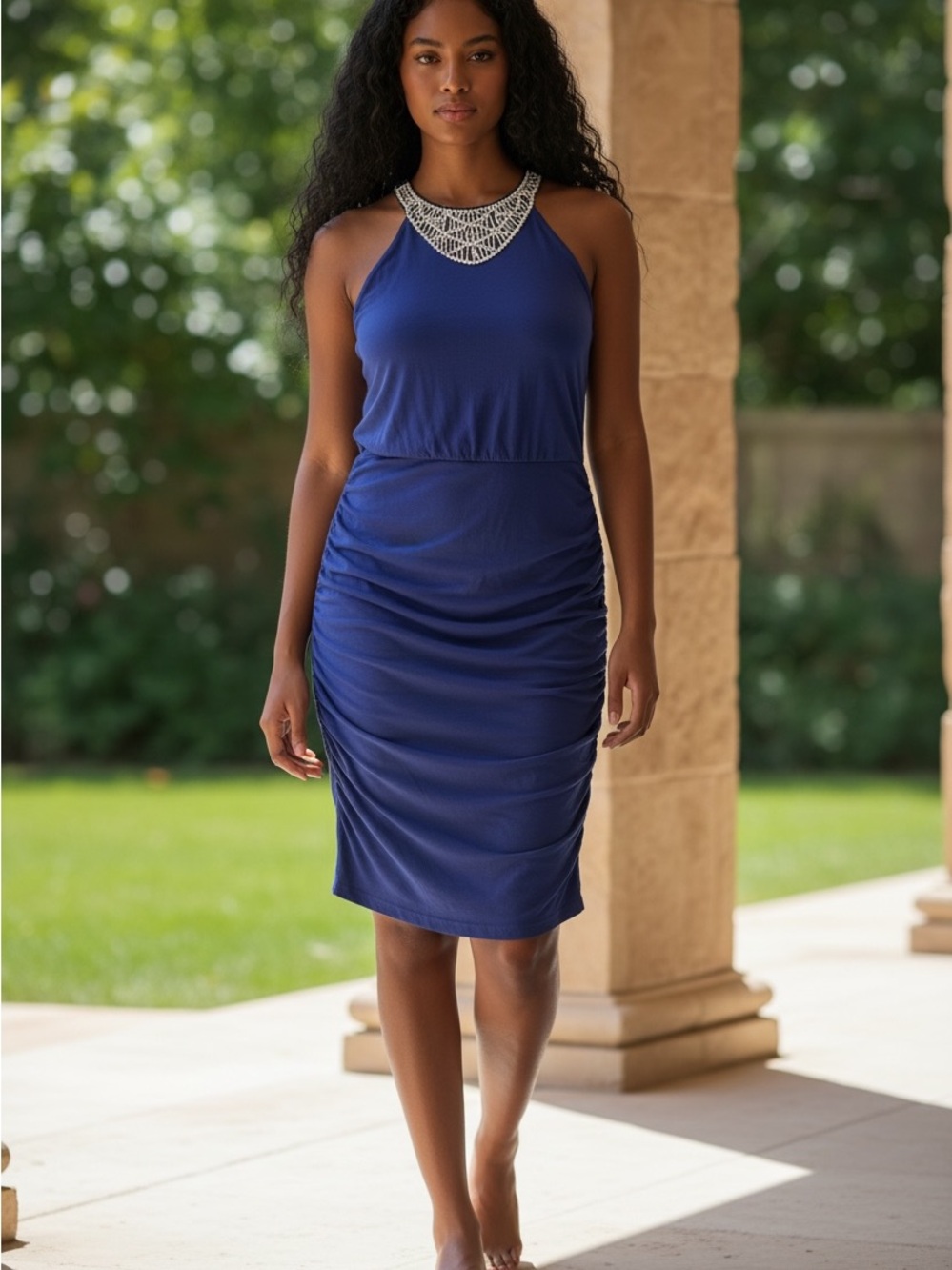 Venus Elegant Halter Ruched Sheath Dress in Royal Blue
